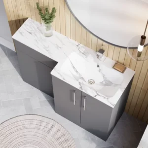 Nuie Arno Satin Grey Right Hand Floor Standing Unit and Marble Effect Basin