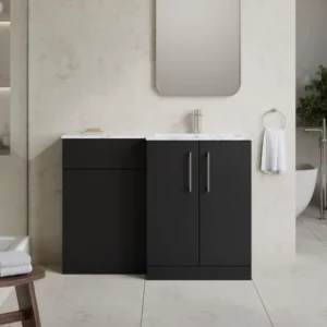 Nuie Arno Soft Black Right Hand Floor Standing Unit and Marble Effect Basin